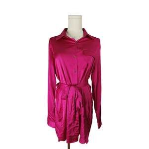 BiB! Fuchsia Satin Button-Down Shirt Dress Sz. Small NWT